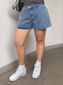 Dazy Plus Faded Blue Washed Denim Straight Leg Shorts With Slanted Placket, Summer Jorts - Light Wash - View 3