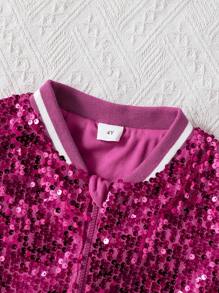 1pc Girls Striped Ribbed Collar & Hem Knitted Lining Pink Long Sleeve Zip-Up Jacket With Sequins, Fashion Versatile, Can Be Worn Alone With Skirt, Or Layered Over T-Shirt, Dress, Suitable For Spring/Autumn Casual Outings Or Holiday Parties Girls Sequin Jacket Girls Bomber Jacket Kids Sequin Jacket Sequin Bomber Jacket Sparkling Clothes For Kids Fall Winter