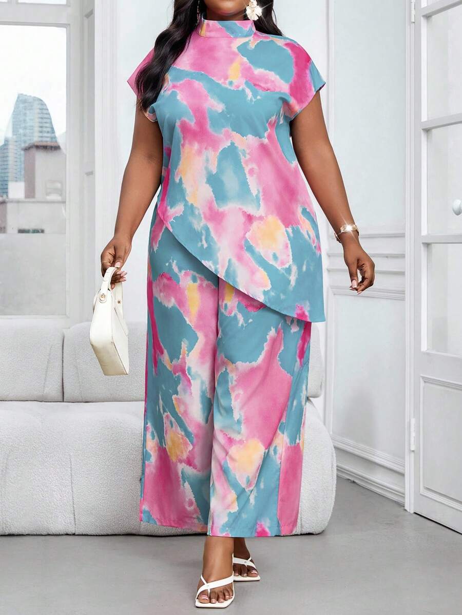 SHEIN Lady Plus Size Summer Elegant Commuter Simple Geometric Print Two Pieces Set Women Two Pieces Outfits Summer Outfits For Women Vacation Outfits Woman 2 Pieces Sets Woman - Multicolor - View 1