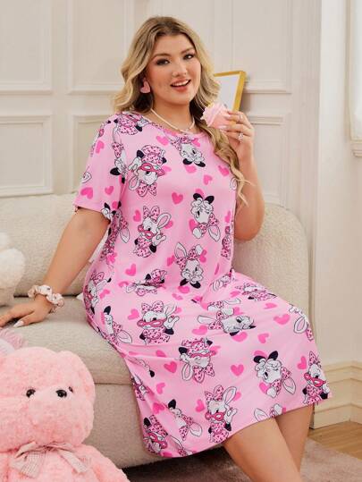 SweetSlumber Plus Size Lovely Rabbit & Heart Pattern Nightgown
