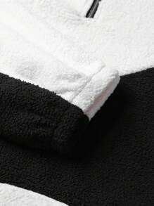 PAVTROS Áo hoodie màu tương phản có khóa kéo nửa tay thường ngày dài tay cho nam - Đen và trắng - Xem 6