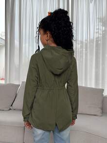 SHEIN 秋冬季青少年女孩休闲军绿色宽松连帽抽绳可调节腰部派克大衣 - 軍綠色 - 查看 11