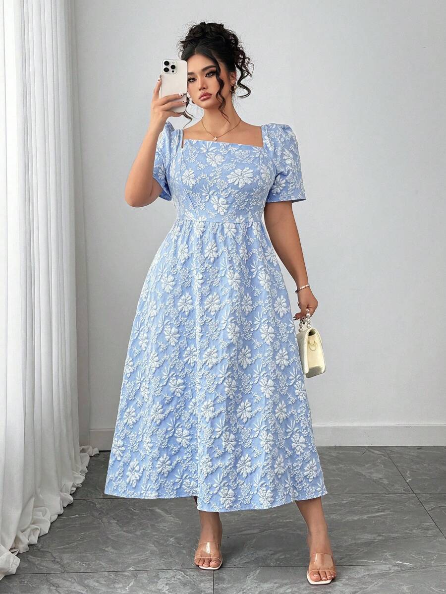 Elenzga 大码女式方领泡泡袖腰部收腰后蝴蝶结设计连衣裙，百搭时尚，适合春夏季节，适合日常通勤、派对、活动 - 藍色 - 查看 1