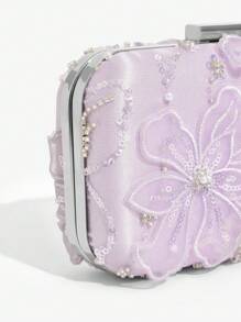 SHEIN Belle 女士、女士晚宴包、手包、花卉手包、时尚、奢华、奢华、迷人、优雅、花朵、蕾丝、亮片花朵、适合女孩、女士、女士、大学生、新娘、伴娘、婚礼宾客、蜜月、派对、舞会、婚礼、俱乐部、约会、晚会、约会之夜（随机正面和背面花朵设计/随机图案） - 淡紫色 - 查看 7