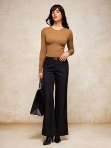 House of One Textured Knit Round Neck Fitted Top With Piping Women Casual Top Summer Fall Brown Top Fall Women Clothes Old Money Office Outfits For Women Fall Outfits Business Professional Women Business Casual Woman