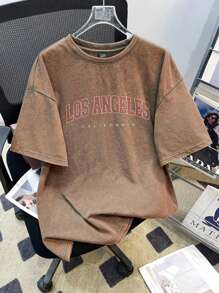 Manfinity Joysei 字母印花短袖图案 T 恤 - 咖啡棕 - 查看 5