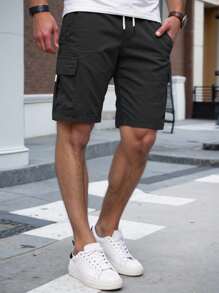 Manfinity Homme 男式纯色松紧腰带口袋工装短裤 - 黑色 - 查看 4