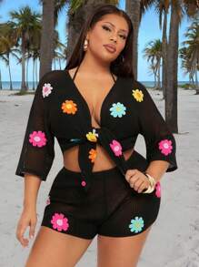 SHEIN SXY Plus Size Women's Sexy Daily Basic Casual Vacation 2pcs/Set With 3D Colorful Flower Crochet V-Neck Short Sleeve Sheer Cardigan Top And Matching Shorts Plus Size Two Piece Summer Two Piece Set Plus Plus Size Crochet Two Piece Set Plus Size Floral Two Piece Set - Black - View 5