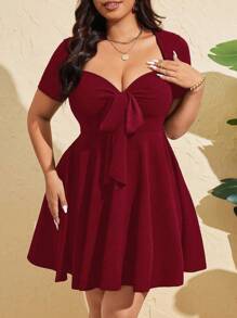 Sunspun 夏季大码女式性感前系带短袖紧身迷你连衣裙 - 紅色 - 查看 5