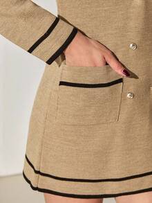 CLARA VERO 女士米色双排扣珍珠纽扣针织开衫 – 撞色饰边细节 – 优雅针织翻领夹克 – 时尚办公或休闲风格 - 駝色 - 查看 8