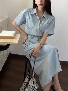 DAZY 女士纯色短袖衬衫和牛仔裙套装 - 中等水洗藍 - 查看 7