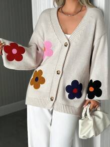 EURMUSE Women Front Button Flower Embroidery Drop Shoulder Cardigan,Long Cardigans Woman,Petite Cardigans,Cardigans - Black and White - View 6