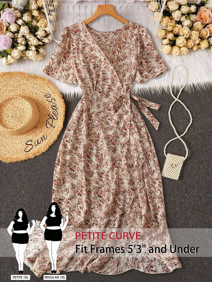 SHEIN PETITE Holiday Elegant Ditsy Floral Ruffle Hem Wrap Short Sleeve V-Neck Plus Size Dress - Multicolor - View 1