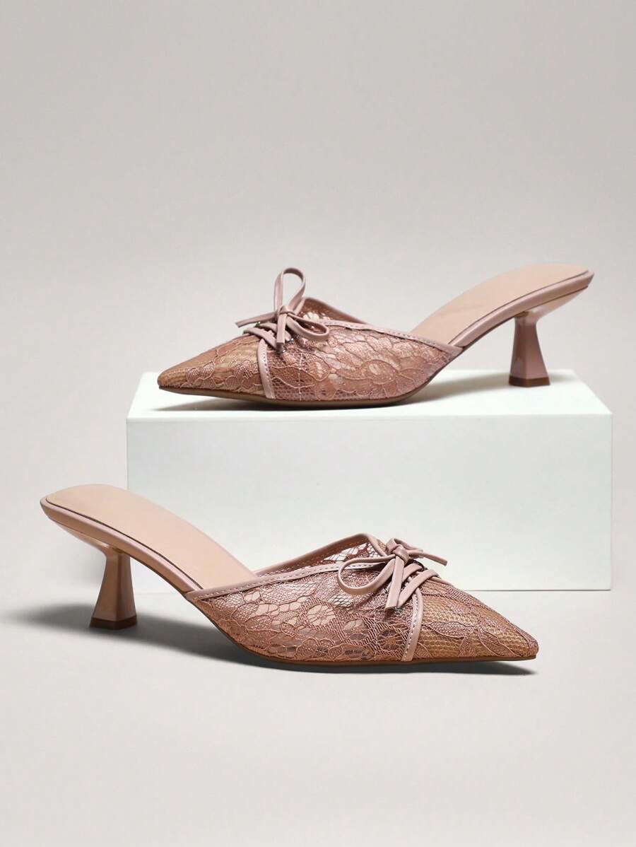 SHUZIA Women Comfortable Elegant Lace Pointy Toe Kitten Heel Mules - Apricot - View 1
