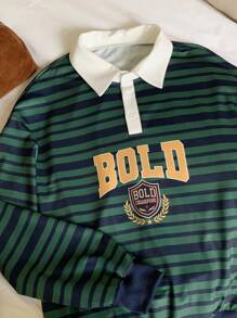 Comfortcana Sudadera casual de mujer con estampado de rayas y letras, estilo universitario - Verde - Ver 1