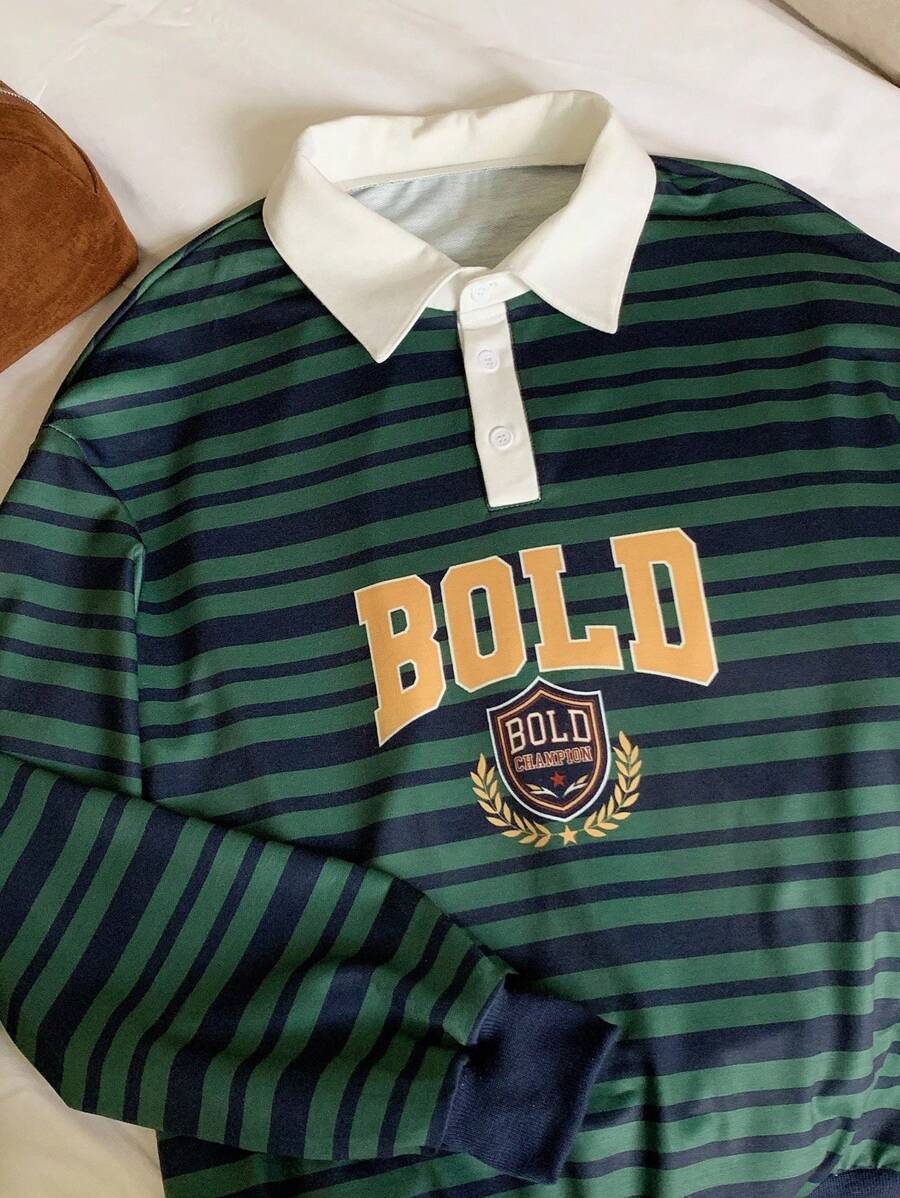 Comfortcana Sudadera casual de mujer con estampado de rayas y letras, estilo universitario - Verde - Ver 1