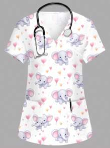 PopScrub Women's White V-Neck Short Sleeve Double Pocket Side Slit Cute Elephant Cartoon Animal Heart Balloon Print Nurse/Doctor Uniform Top/ Scrubs, Solid Color Pet Grooming Uniform Top/Dietitian Workwear Short Sleeve/Lab Coat With Multi-Pockets, Summer Ladies Top Women Scrub Tops Nurse Scrubs Nursing Scrub Tops Scrub Tops With Elephants Print Elephant Print Scrubs