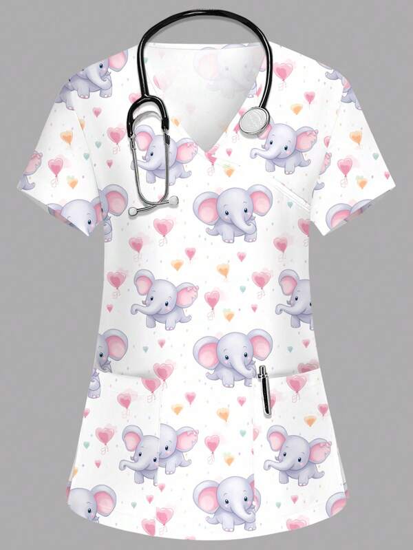 PopScrub Women's White V-Neck Short Sleeve Double Pocket Side Slit Cute Elephant Cartoon Animal Heart Balloon Print Nurse/Doctor Uniform Top/ Scrubs, Solid Color Pet Grooming Uniform Top/Dietitian Workwear Short Sleeve/Lab Coat With Multi-Pockets, Summer Ladies Top Womens Scrub Tops Nurse Scrubs Nursing Scrub Tops Scrub Tops With Elephants Print Elephant Print Scrubs