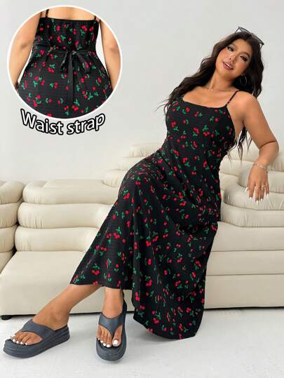 Solflare Plus Size Summer Casual Cherry Print Strap Dress For Vacation Valentine's Day Outfit