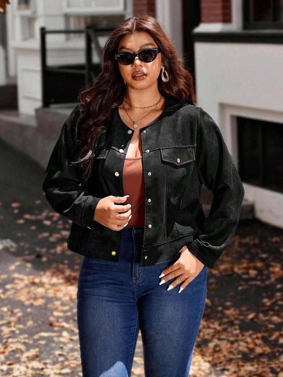 Vionelle 大码纯色休闲长袖夹克 - 黑色 - 查看 1