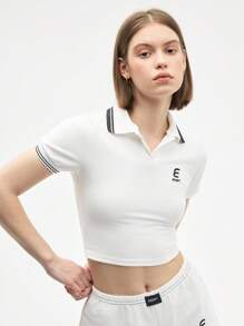 Gameset SHEIN Sport 女式字母条纹短袖日常健身 Polo 衫 - 白色 - 查看 3