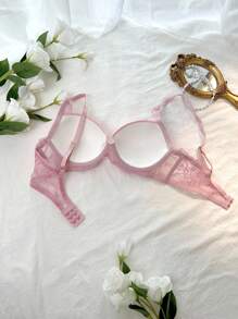 1pc Lace Trim Underwire Lingerie Bra, Pink, Kawaii - Pink - View 2