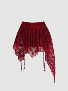 Sweetra Boho Style Knitted Lace Asymmetrical Hem Waist Gathered Mini Skirt For Women