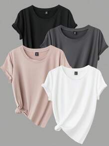 Calvaya Maglietta casual da donna taglie forti, 4 pezzi, tinta unita, scollo rotondo, manica corta, per l'estate