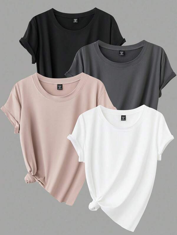 Calvaya Women's Plus Size Summer 4pcs Solid Color Round Neck Short Sleeve Casual T-Shirt