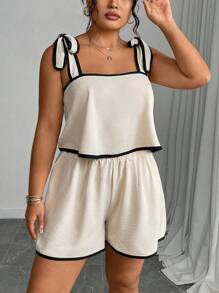 INAWLY 大码女式夏季休闲撞色边吊带背心和短裤两件套