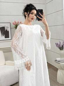 Yasmyna Vestido árabe con cuello redondo, mangas acampanadas de encaje, para primavera y otoño