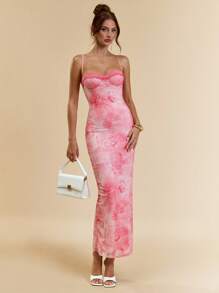 SHEIN BAE 性感夏季女式复古花卉蕾丝印花紧身长裙 - 粉色 - 查看 3