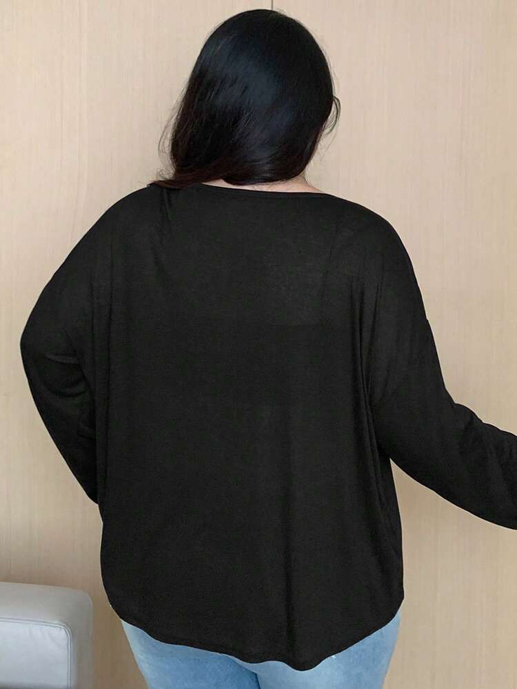 Dazy Plus Plain Color Round Neck Half-Placket Long Sleeve T-Shirt, Spring/Summer