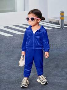 SHEIN 时尚可爱丝绒长袖连帽外套和松紧腰裤两件套女婴运动服休闲套装，蓝色丝绒运动服秋冬款 - 藏蓝色 - 查看 3
