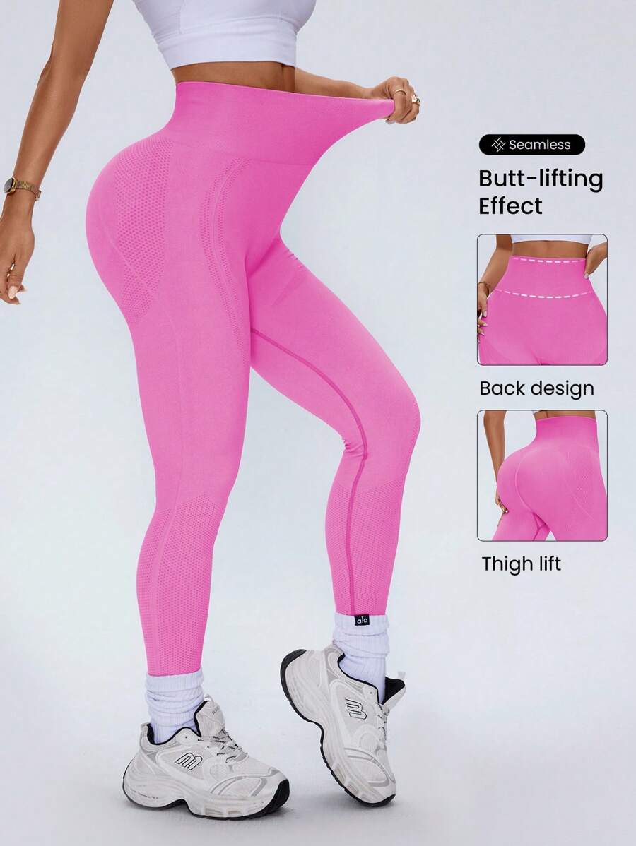 SHEIN Sport Studio Mallas sin costuras de cintura alta para mujer, color rosa, para uso diario casual y de fitness