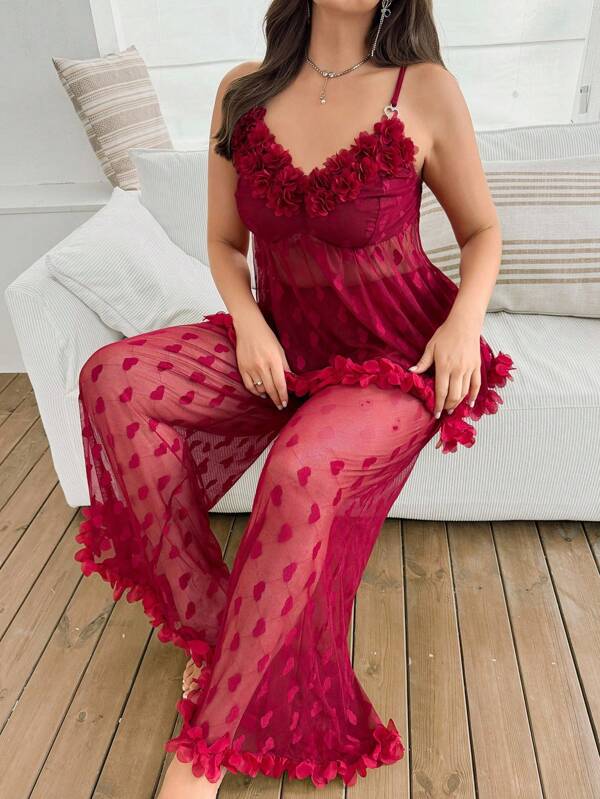 SHEIN Plus Size Floral Decor Sexy Heart Mesh Camisole & Shorts Sleepwear Set