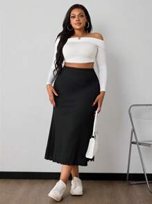 SHEIN PETITE CURVE 大码女式纯黑色美人鱼下摆半身裙 - 黑色 - 查看 6