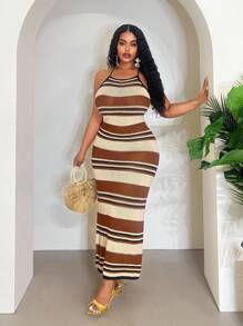 Veslaya فستان ماكسي كروشيه محبوك بأكمام بلا أكتاف وفتحة خلفية مربوطة، بتصميم متعدد الألوان مخطط، مناسب للحفلات والخروجات الصيفية والشاطئية - مقاسات كبيرة