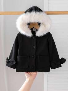 SHEIN Baby Girls Casual Single-Breasted Bow Cuffs Faux Fur Hooded Overcoat, Autumn/Winter Fall - Black - View 1