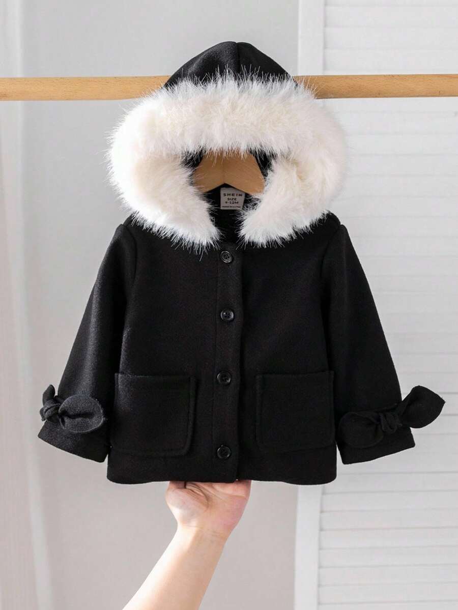 SHEIN Baby Girls Casual Single-Breasted Bow Cuffs Faux Fur Hooded Overcoat, Autumn/Winter Fall - Black - View 1