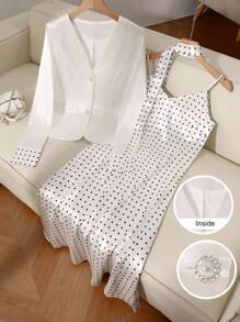 2pcs Set Elegant Commuter Polka Dot Print Shirt & Slip Dress Fall Cloth For Women