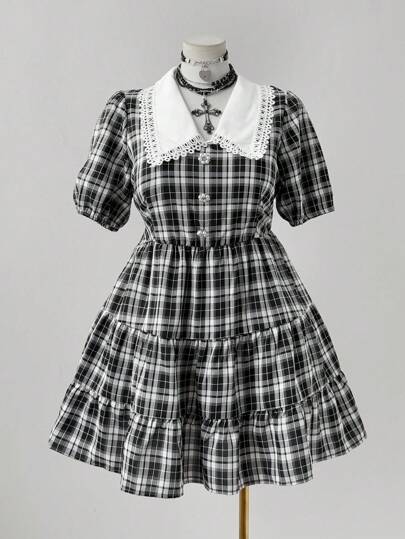 Sunspun Black & White Plaid Peter Pan Collar A-Line Mini Dress, Puff Sleeve, Summer