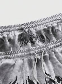 ROMWE MEN Grunge Punk 男士双腰抽绳字母印花时尚短裤 - 灰色 - 查看 4