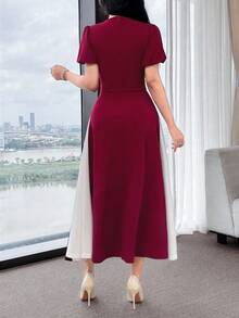 Feyla Women's Elegant Contrast Color V-Neck Ruched Waist Puff Sleeve Dress