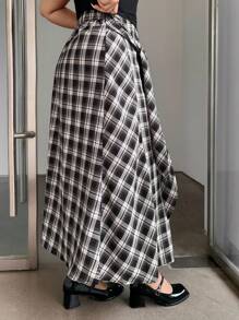 Dazy Plus 大码女式半松紧腰格子直筒A字长裙，带抽绳 - 黑與白 - 查看 2