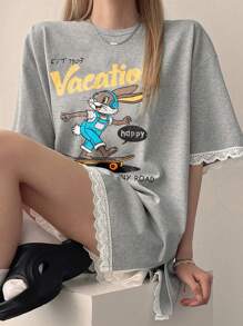 DAZY T-shirt ample pour femmes avec motif de dentelle contrastée imprimé, t-shirts graphiques, enseignante - Gris - Voir 5