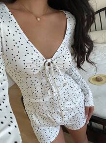 SHEIN EZwear Fall Women Clothes Polka Dot Print Cute Clothes  Simple Fashion Tie-Front Long Sleeve Top And Shorts Casual 2 Pieces Set - White - View 3