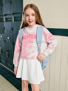 Tween Girl Pink And White Tie-Dye Graphic Print Oversized Sweatshirt,Autumn Casual School Back-To-School Loose Fit Pullover With Fun Letter & Pattern - Pink - View 9