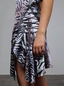 TypaGal Light Grey Halter Mini Dress,Summer Animal Print Asymmetrical Silhouette Silky Tie-Neck Club Night Dress For Women,Sultry Sleeveless Party Wear - Multicolor - View 4
