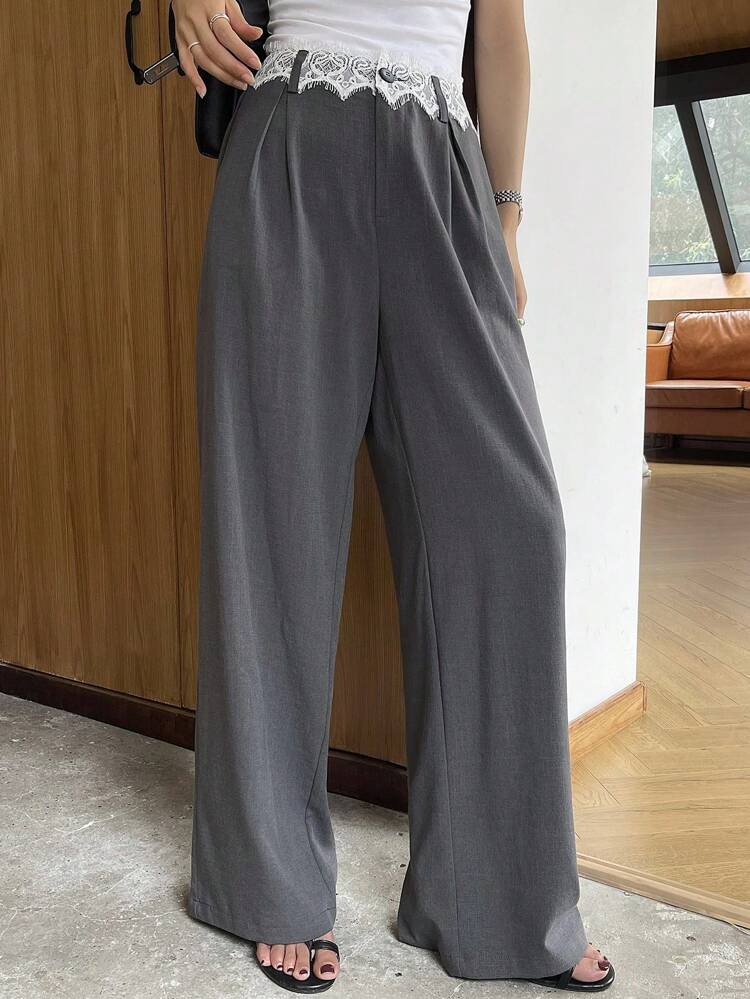 Women's Lace Patchwork Contrast Waist Band Straight-Leg Casual Pants, Stylish City Leisure Trousers